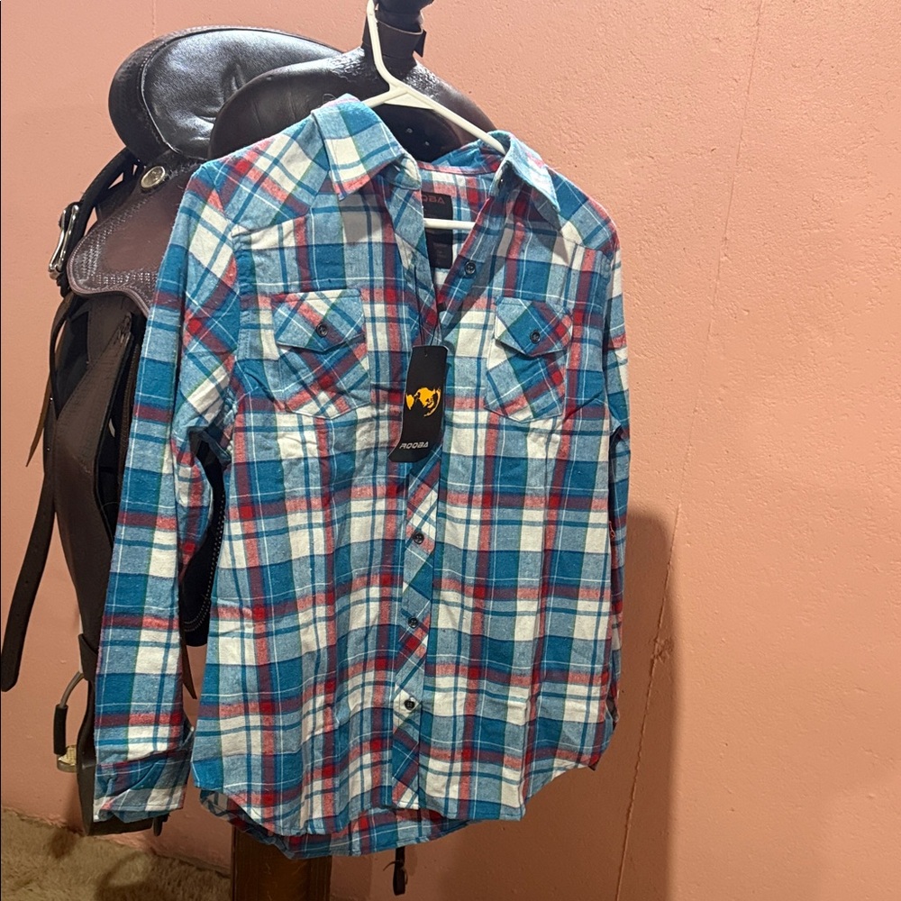 Blue and Red Plaid Button-Up Shirt